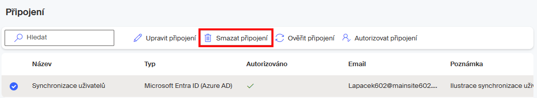 smazani pripojeni